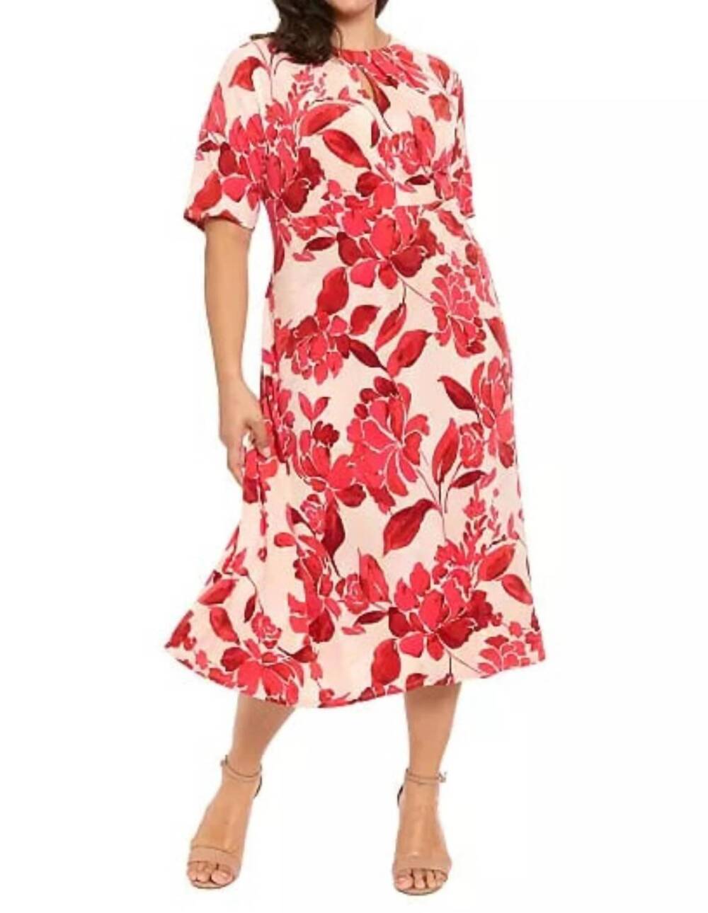 NEW LONDON TIMES floral keyhole midi dress in ivory red